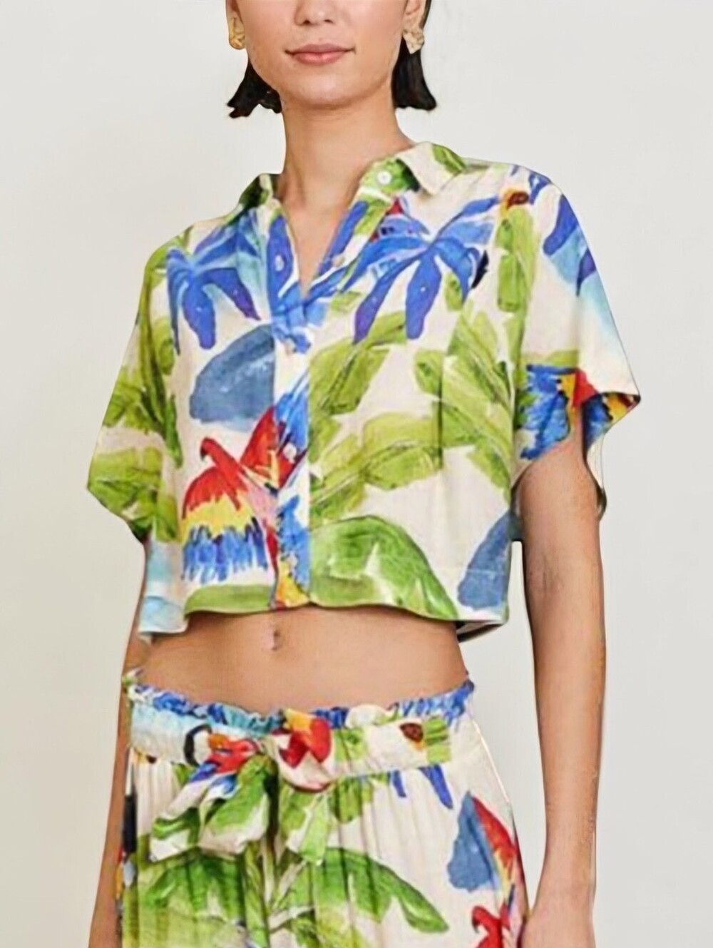 Farm Rio Tropical Print Cropped Button-Up Top Resort Cruise Vacation